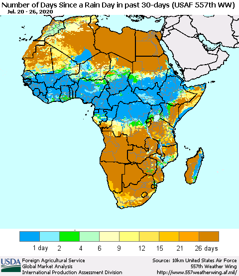 Africa Number of Days Since a Rain Day in past 30 days (USAF 557th WW) Thematic Map For 7/20/2020 - 7/26/2020