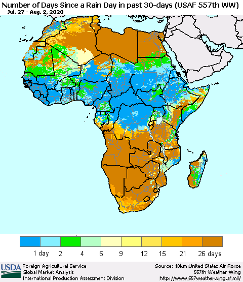 Africa Number of Days Since a Rain Day in past 30 days (USAF 557th WW) Thematic Map For 7/27/2020 - 8/2/2020