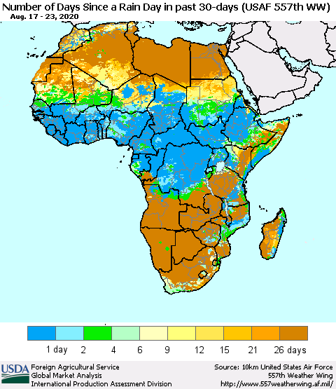 Africa Number of Days Since a Rain Day in past 30 days (USAF 557th WW) Thematic Map For 8/17/2020 - 8/23/2020