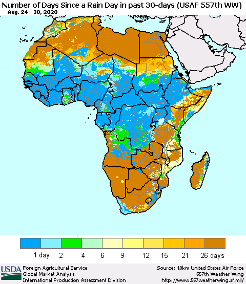 Africa Number of Days Since a Rain Day in past 30 days (USAF 557th WW) Thematic Map For 8/24/2020 - 8/30/2020