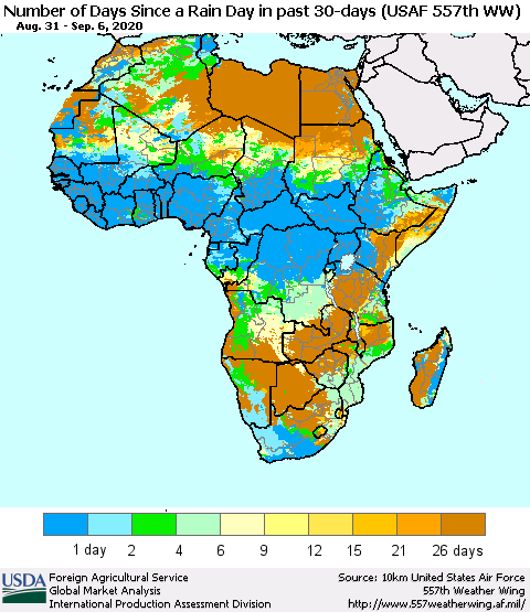 Africa Number of Days Since a Rain Day in past 30 days (USAF 557th WW) Thematic Map For 8/31/2020 - 9/6/2020