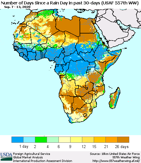Africa Number of Days Since a Rain Day in past 30 days (USAF 557th WW) Thematic Map For 9/7/2020 - 9/13/2020