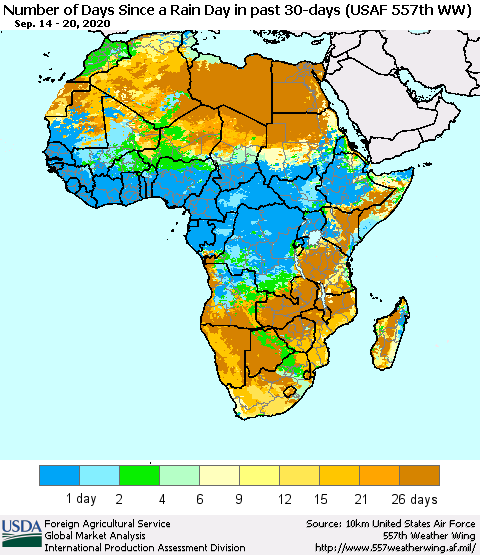 Africa Number of Days Since a Rain Day in past 30 days (USAF 557th WW) Thematic Map For 9/14/2020 - 9/20/2020