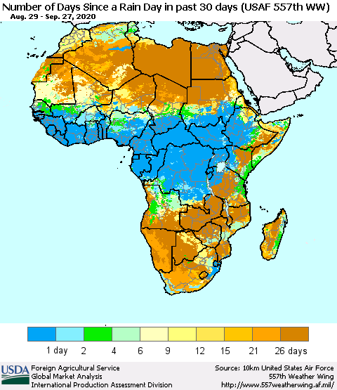 Africa Number of Days Since a Rain Day in past 30 days (USAF 557th WW) Thematic Map For 9/21/2020 - 9/27/2020