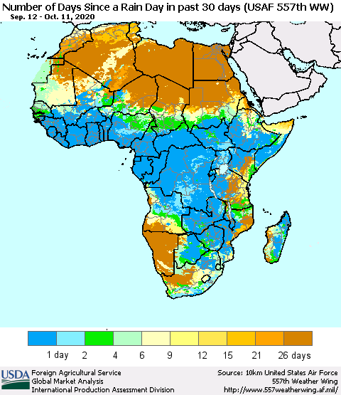 Africa Number of Days Since a Rain Day in past 30 days (USAF 557th WW) Thematic Map For 10/5/2020 - 10/11/2020