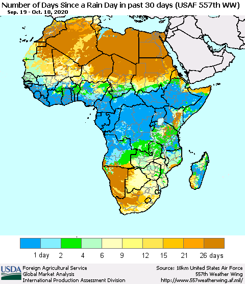 Africa Number of Days Since a Rain Day in past 30 days (USAF 557th WW) Thematic Map For 10/12/2020 - 10/18/2020