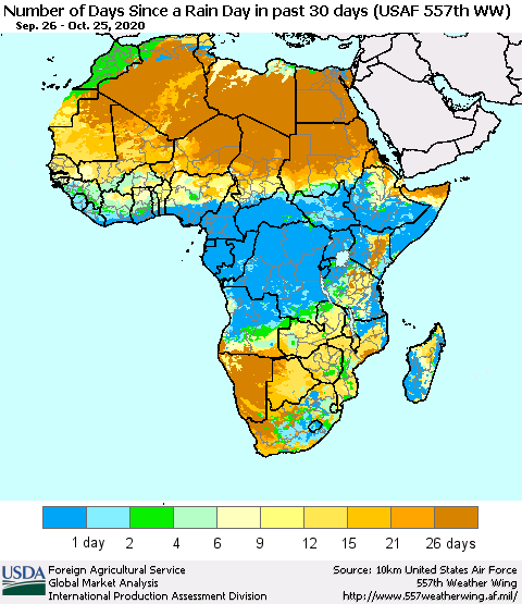 Africa Number of Days Since a Rain Day in past 30 days (USAF 557th WW) Thematic Map For 10/19/2020 - 10/25/2020