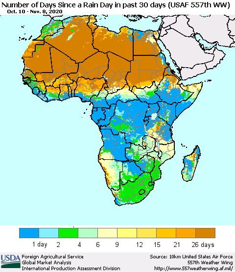 Africa Number of Days Since a Rain Day in past 30 days (USAF 557th WW) Thematic Map For 11/2/2020 - 11/8/2020