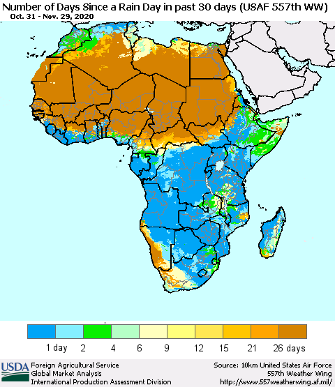 Africa Number of Days Since a Rain Day in past 30 days (USAF 557th WW) Thematic Map For 11/23/2020 - 11/29/2020