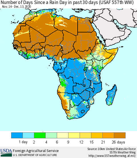 Africa Number of Days Since a Rain Day in past 30 days (USAF 557th WW) Thematic Map For 12/7/2020 - 12/13/2020