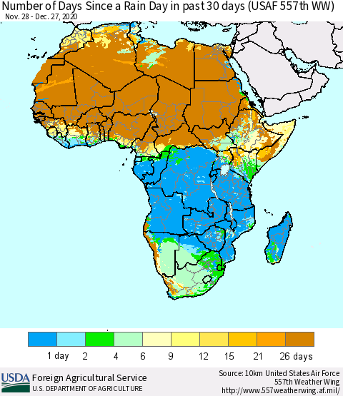 Africa Number of Days Since a Rain Day in past 30 days (USAF 557th WW) Thematic Map For 12/21/2020 - 12/27/2020