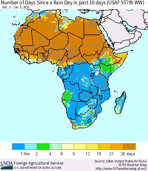 Africa Number of Days Since a Rain Day in past 30 days (USAF 557th WW) Thematic Map For 12/28/2020 - 1/3/2021