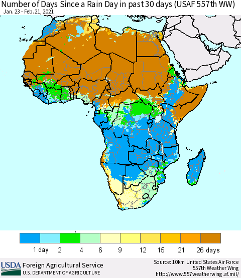 Africa Number of Days Since a Rain Day in past 30 days (USAF 557th WW) Thematic Map For 2/15/2021 - 2/21/2021