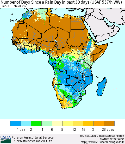 Africa Number of Days Since a Rain Day in past 30 days (USAF 557th WW) Thematic Map For 2/22/2021 - 2/28/2021
