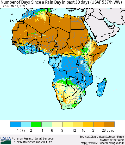 Africa Number of Days Since a Rain Day in past 30 days (USAF 557th WW) Thematic Map For 3/1/2021 - 3/7/2021