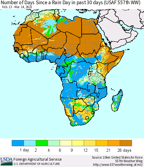 Africa Number of Days Since a Rain Day in past 30 days (USAF 557th WW) Thematic Map For 3/8/2021 - 3/14/2021