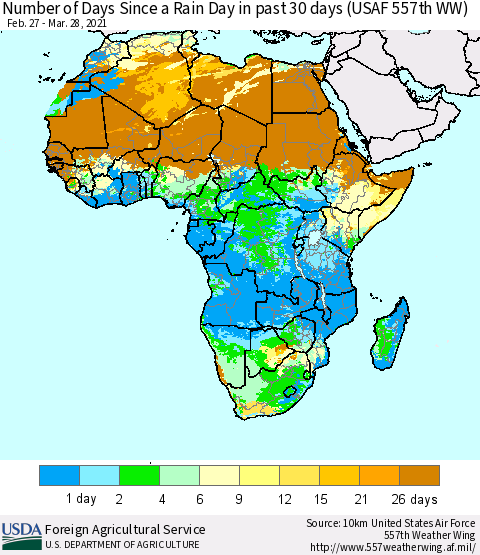 Africa Number of Days Since a Rain Day in past 30 days (USAF 557th WW) Thematic Map For 3/22/2021 - 3/28/2021