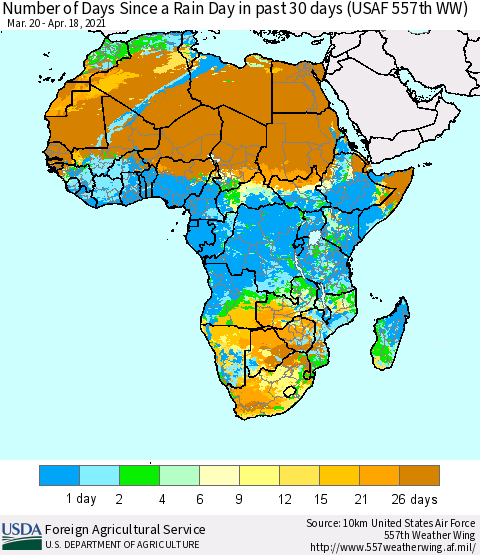Africa Number of Days Since a Rain Day in past 30 days (USAF 557th WW) Thematic Map For 4/12/2021 - 4/18/2021