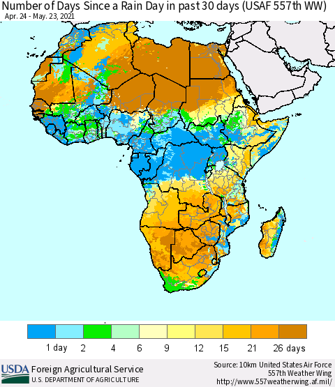 Africa Number of Days Since a Rain Day in past 30 days (USAF 557th WW) Thematic Map For 5/17/2021 - 5/23/2021
