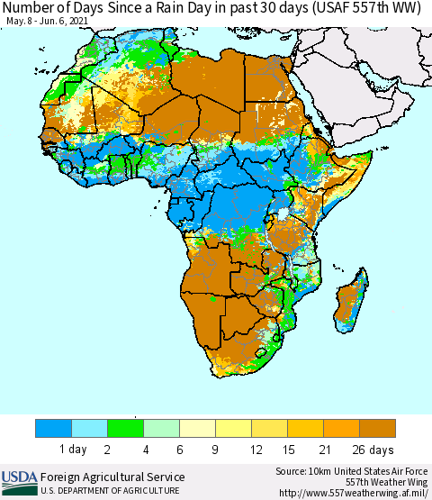Africa Number of Days Since a Rain Day in past 30 days (USAF 557th WW) Thematic Map For 5/31/2021 - 6/6/2021