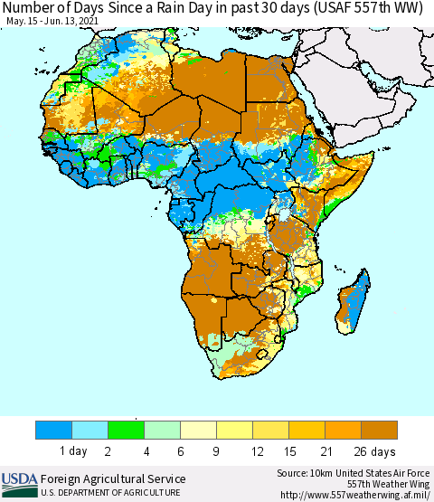 Africa Number of Days Since a Rain Day in past 30 days (USAF 557th WW) Thematic Map For 6/7/2021 - 6/13/2021