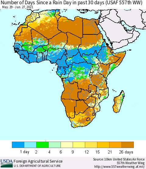 Africa Number of Days Since a Rain Day in past 30 days (USAF 557th WW) Thematic Map For 6/21/2021 - 6/27/2021