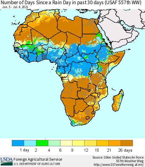 Africa Number of Days Since a Rain Day in past 30 days (USAF 557th WW) Thematic Map For 6/28/2021 - 7/4/2021