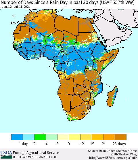 Africa Number of Days Since a Rain Day in past 30 days (USAF 557th WW) Thematic Map For 7/5/2021 - 7/11/2021