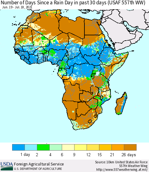 Africa Number of Days Since a Rain Day in past 30 days (USAF 557th WW) Thematic Map For 7/12/2021 - 7/18/2021