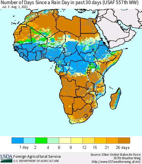 Africa Number of Days Since a Rain Day in past 30 days (USAF 557th WW) Thematic Map For 7/26/2021 - 8/1/2021