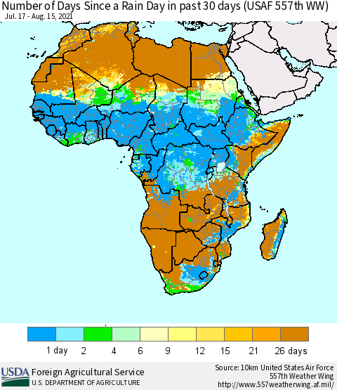 Africa Number of Days Since a Rain Day in past 30 days (USAF 557th WW) Thematic Map For 8/9/2021 - 8/15/2021