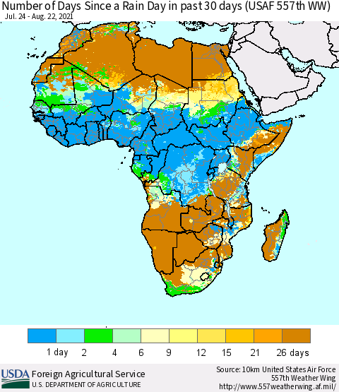 Africa Number of Days Since a Rain Day in past 30 days (USAF 557th WW) Thematic Map For 8/16/2021 - 8/22/2021