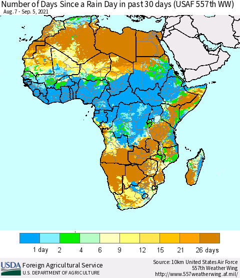 Africa Number of Days Since a Rain Day in past 30 days (USAF 557th WW) Thematic Map For 8/30/2021 - 9/5/2021