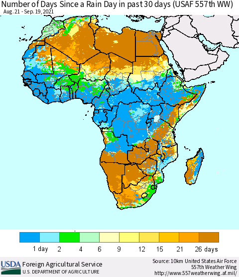 Africa Number of Days Since a Rain Day in past 30 days (USAF 557th WW) Thematic Map For 9/13/2021 - 9/19/2021