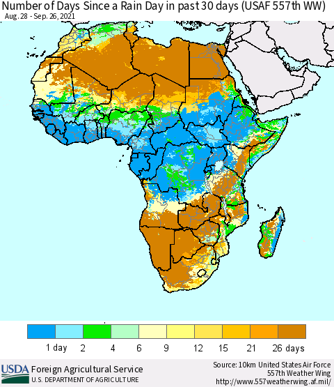 Africa Number of Days Since a Rain Day in past 30 days (USAF 557th WW) Thematic Map For 9/20/2021 - 9/26/2021
