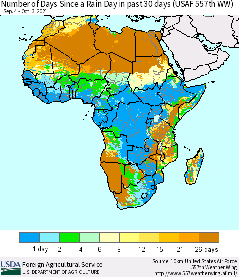 Africa Number of Days Since a Rain Day in past 30 days (USAF 557th WW) Thematic Map For 9/27/2021 - 10/3/2021