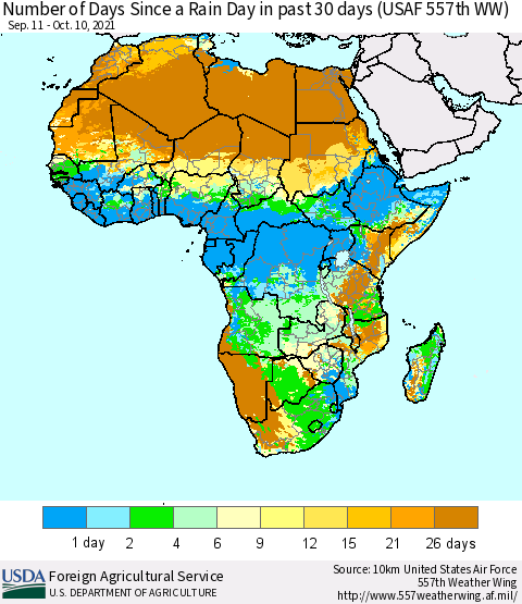 Africa Number of Days Since a Rain Day in past 30 days (USAF 557th WW) Thematic Map For 10/4/2021 - 10/10/2021
