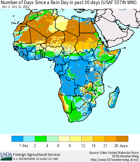 Africa Number of Days Since a Rain Day in past 30 days (USAF 557th WW) Thematic Map For 10/25/2021 - 10/31/2021
