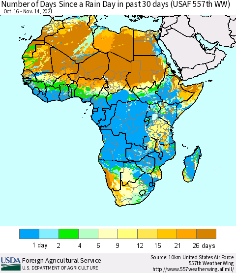 Africa Number of Days Since a Rain Day in past 30 days (USAF 557th WW) Thematic Map For 11/8/2021 - 11/14/2021