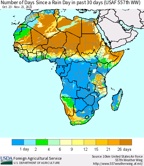 Africa Number of Days Since a Rain Day in past 30 days (USAF 557th WW) Thematic Map For 11/15/2021 - 11/21/2021