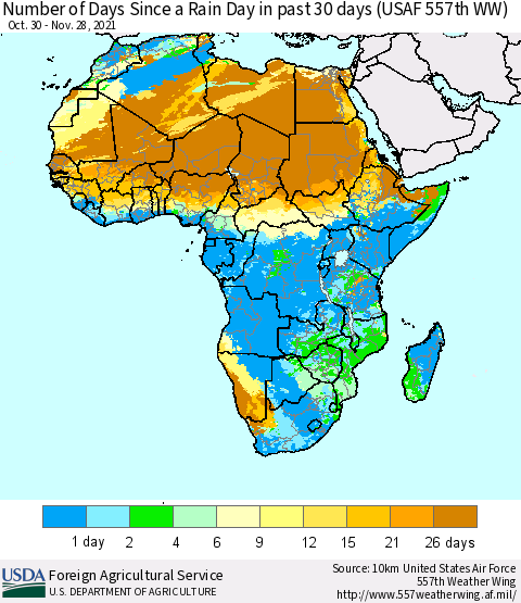 Africa Number of Days Since a Rain Day in past 30 days (USAF 557th WW) Thematic Map For 11/22/2021 - 11/28/2021
