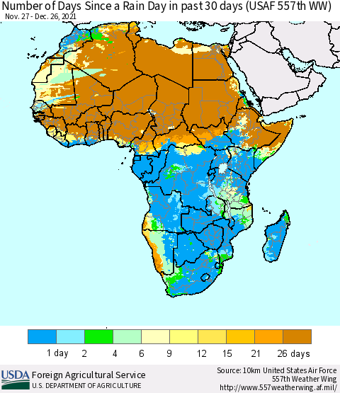 Africa Number of Days Since a Rain Day in past 30 days (USAF 557th WW) Thematic Map For 12/20/2021 - 12/26/2021
