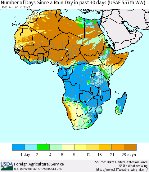 Africa Number of Days Since a Rain Day in past 30 days (USAF 557th WW) Thematic Map For 12/27/2021 - 1/2/2022