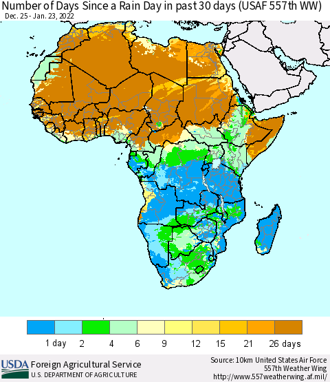 Africa Number of Days Since a Rain Day in past 30 days (USAF 557th WW) Thematic Map For 1/17/2022 - 1/23/2022
