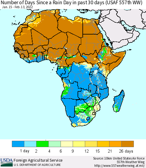 Africa Number of Days Since a Rain Day in past 30 days (USAF 557th WW) Thematic Map For 2/7/2022 - 2/13/2022