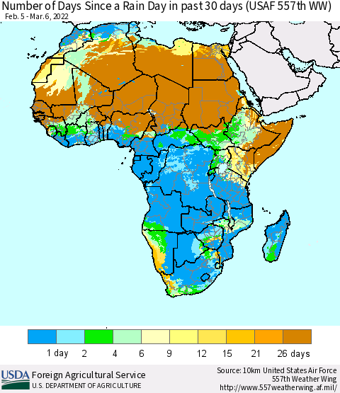 Africa Number of Days Since a Rain Day in past 30 days (USAF 557th WW) Thematic Map For 2/28/2022 - 3/6/2022