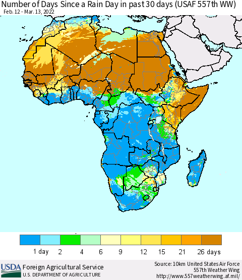 Africa Number of Days Since a Rain Day in past 30 days (USAF 557th WW) Thematic Map For 3/7/2022 - 3/13/2022