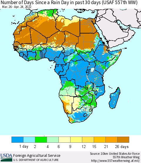 Africa Number of Days Since a Rain Day in past 30 days (USAF 557th WW) Thematic Map For 4/18/2022 - 4/24/2022