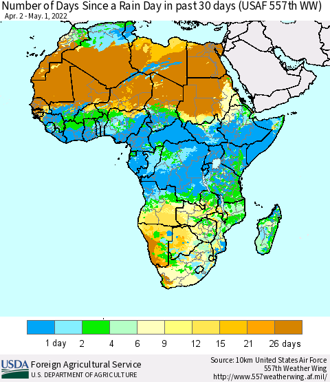 Africa Number of Days Since a Rain Day in past 30 days (USAF 557th WW) Thematic Map For 4/25/2022 - 5/1/2022