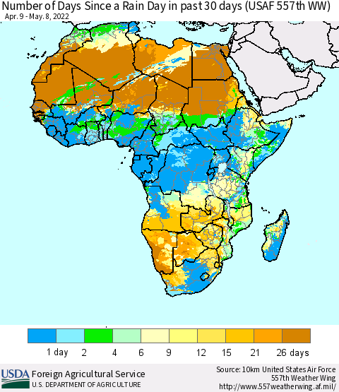 Africa Number of Days Since a Rain Day in past 30 days (USAF 557th WW) Thematic Map For 5/2/2022 - 5/8/2022